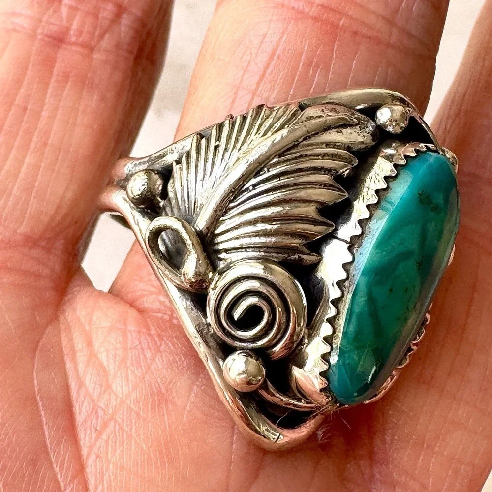 Navajo Turquoise Mens Ring Sz 12 Leaf Feather Signed Morgan Sterling Native Amer
